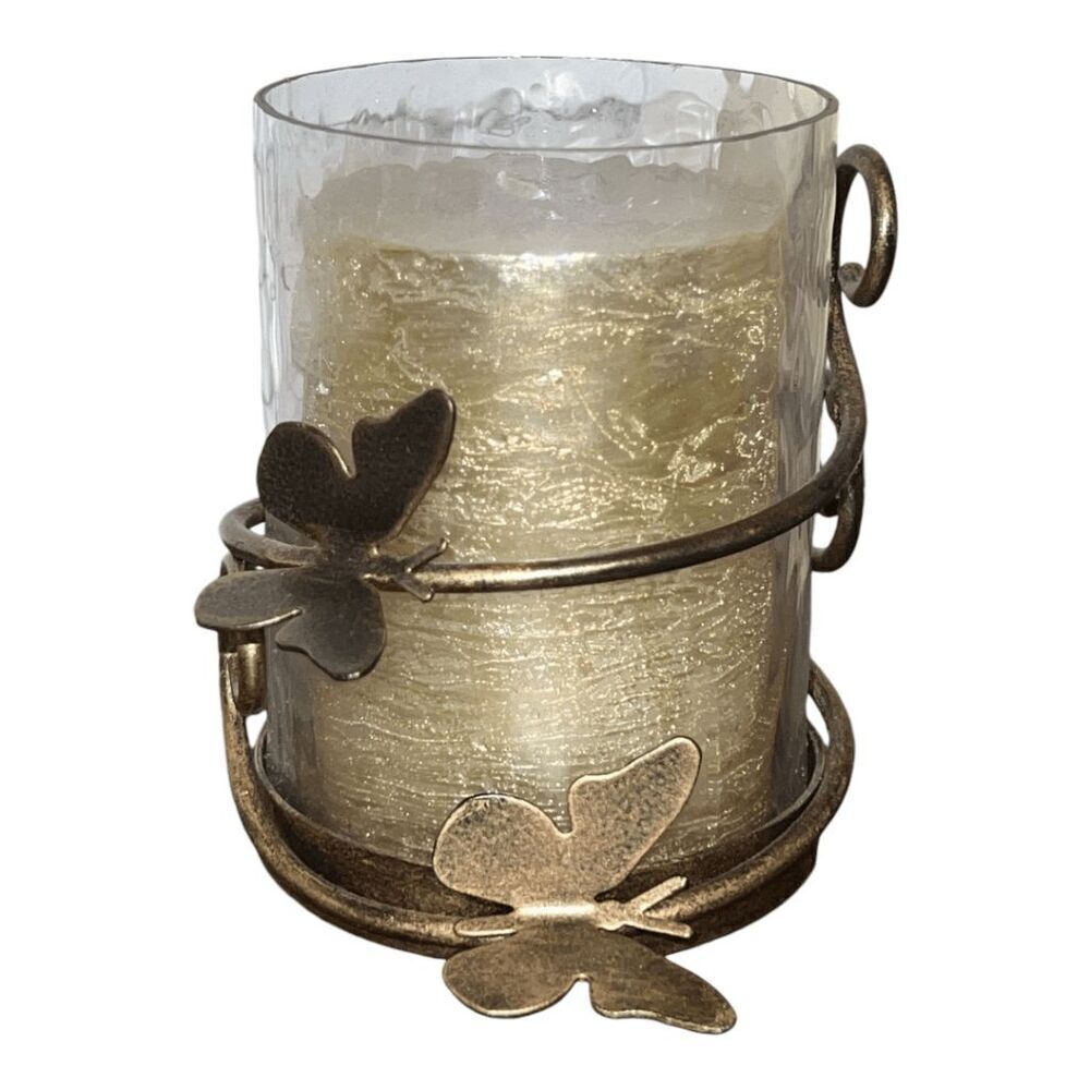 Decorative Glass Candle Holder with Butterfly Accents, 5 x 3.5 inches